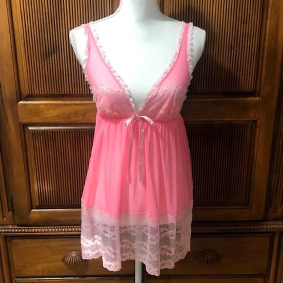 Victoria’s Secret Babydoll Teddy Lingerie Pink w/ Lace - Picture 1 of 4